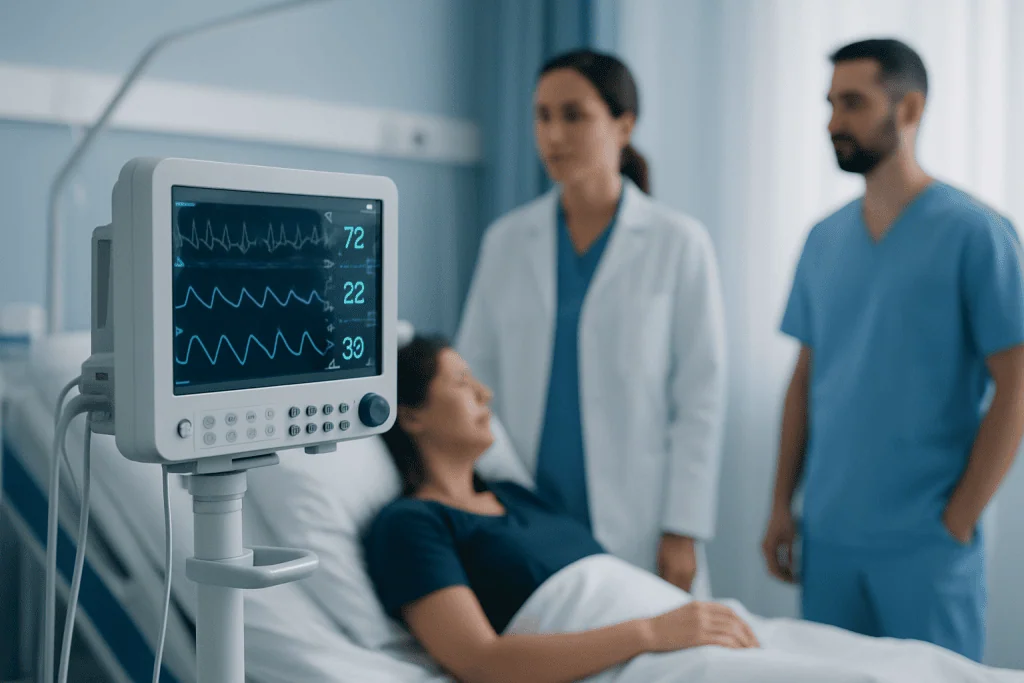 Medical monitoring equipment in hospital room with healthcare professionals.