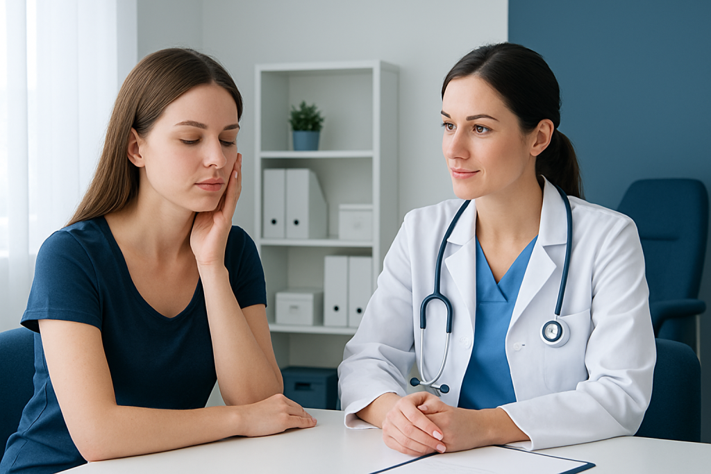 Doctor consulting with young woman patient in clinic setting.