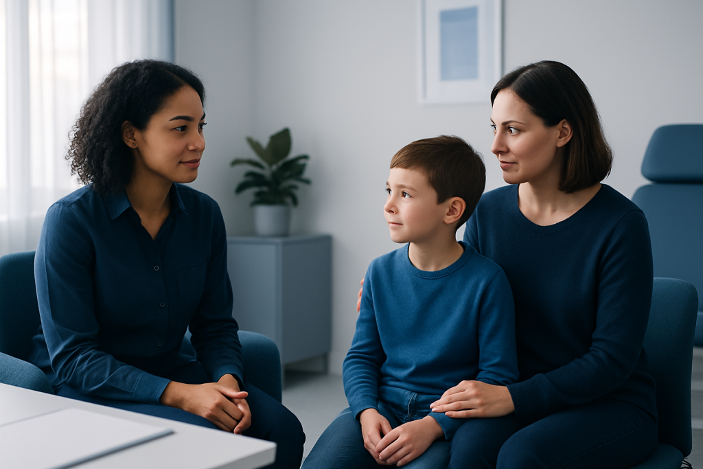 Child talking to two women in a medical consultation room.