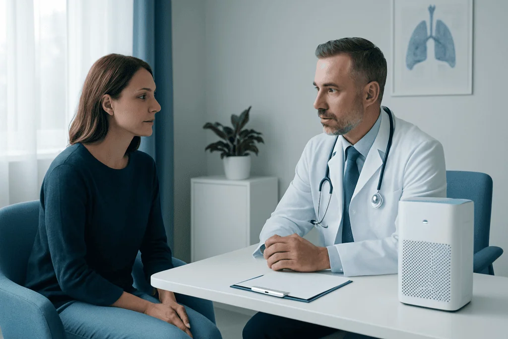 Doctor explaining air purifier benefits to patient in a clinic setting.