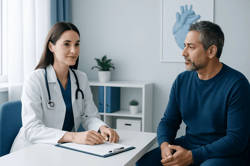 Doctor consulting with a male patient in a modern medical office.