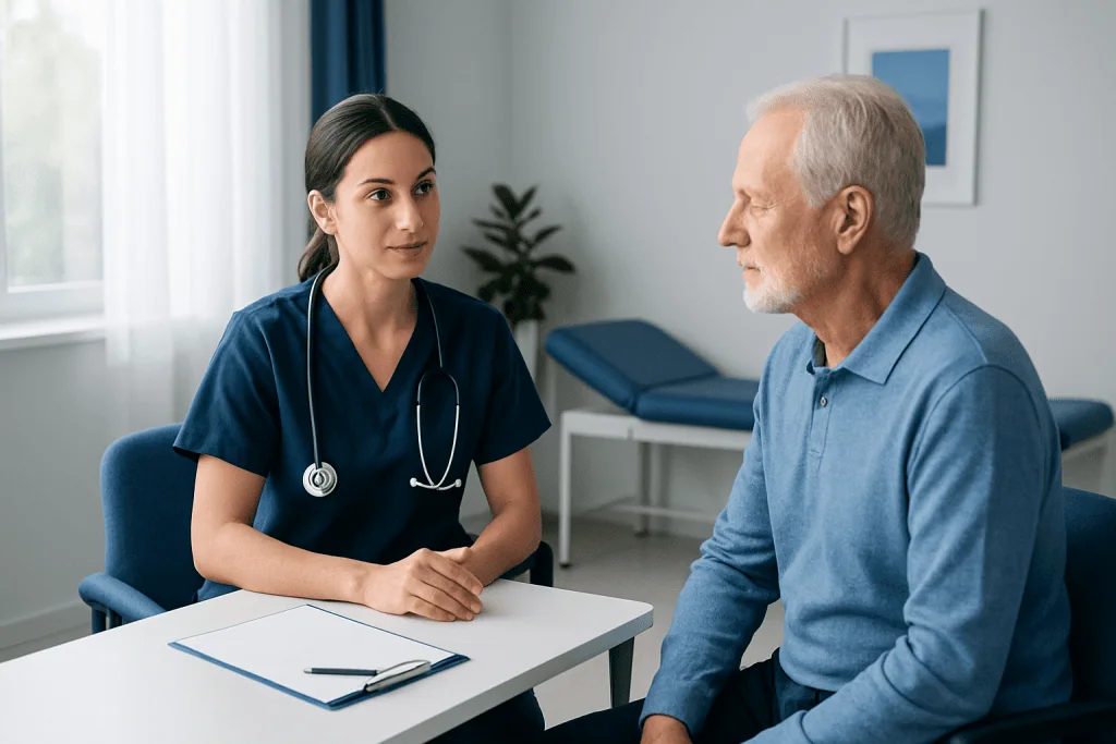 Doctor consulting with elderly patient in a medical office.