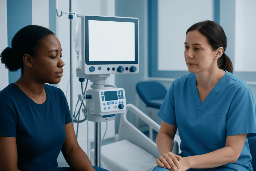 Medical consultation with a healthcare professional and patient in hospital room.
