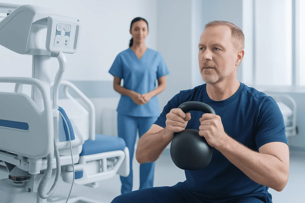 Man exercising with kettlebell in medical setting at Acibadem Hospitals.