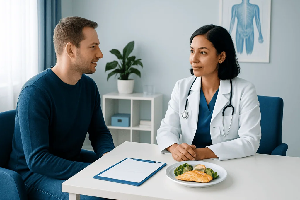 Doctor consulting with patient in a medical office setting.
