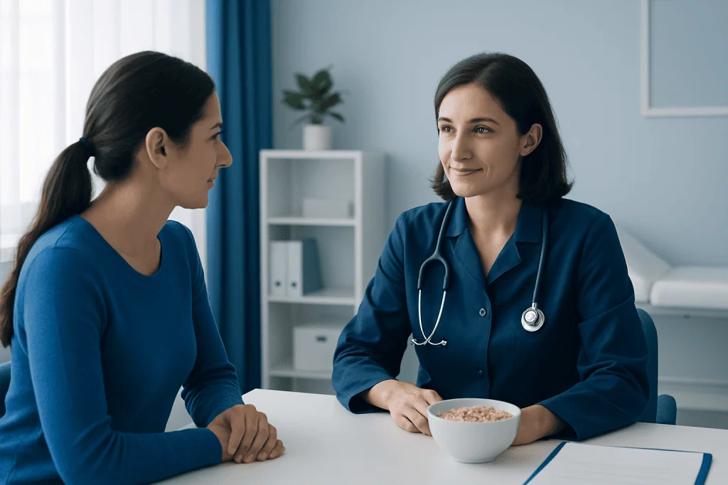 Doctor consulting with patient about nutrition and health in a clinic setting.