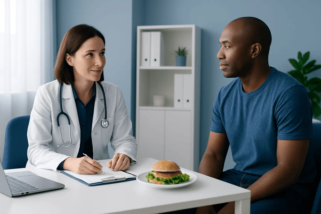 Doctor consulting with patient in a medical office setting.