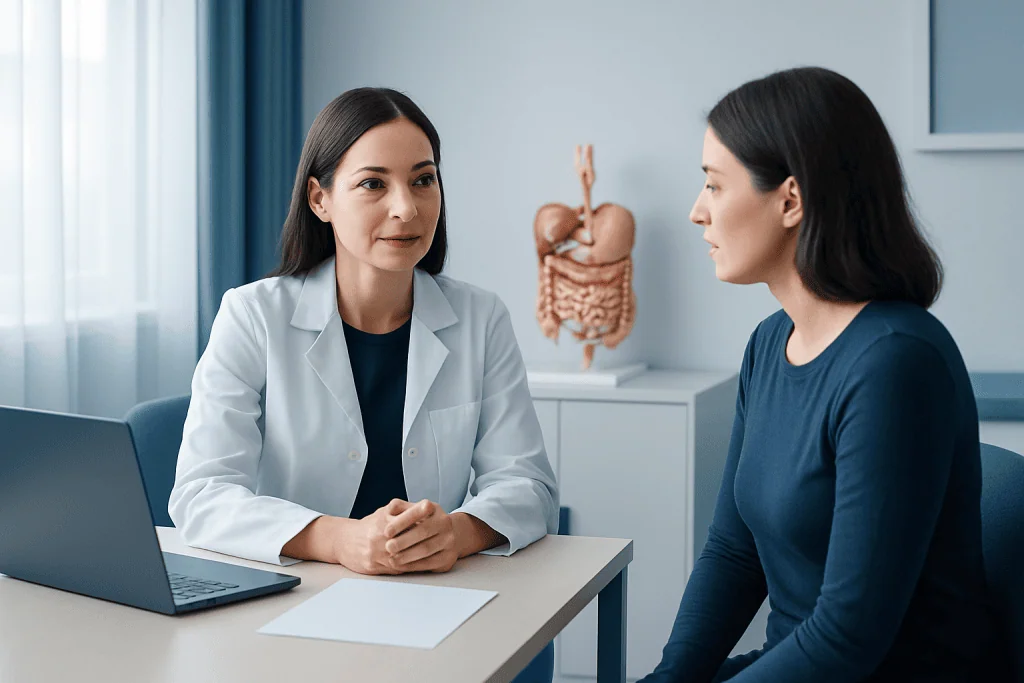 Doctor consulting patient in a medical office with digestive system model in background.