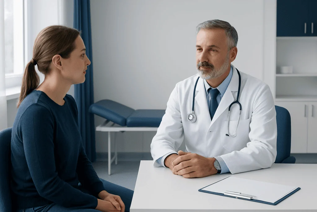 Doctor consulting with a patient in a modern medical office.