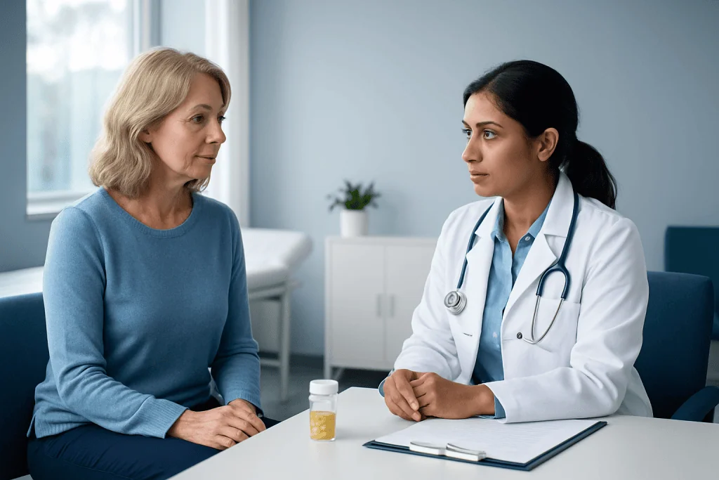 Doctor consulting with a female patient in a medical office setting.