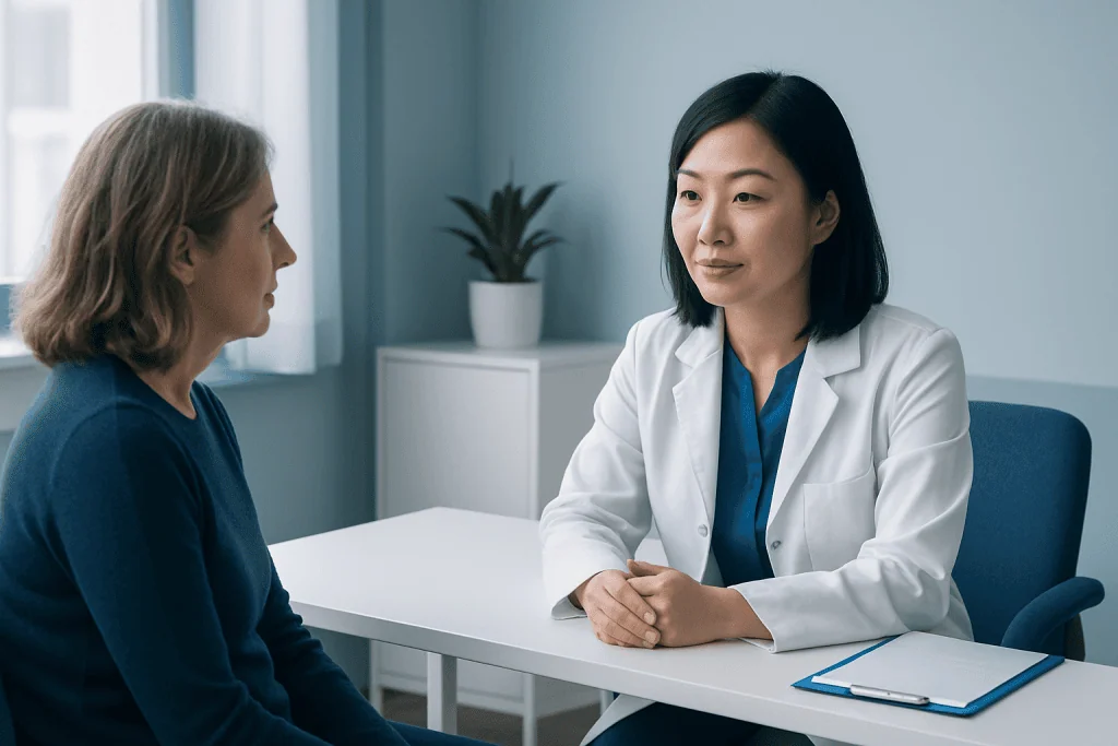 Doctor consulting with a patient in a medical office setting.