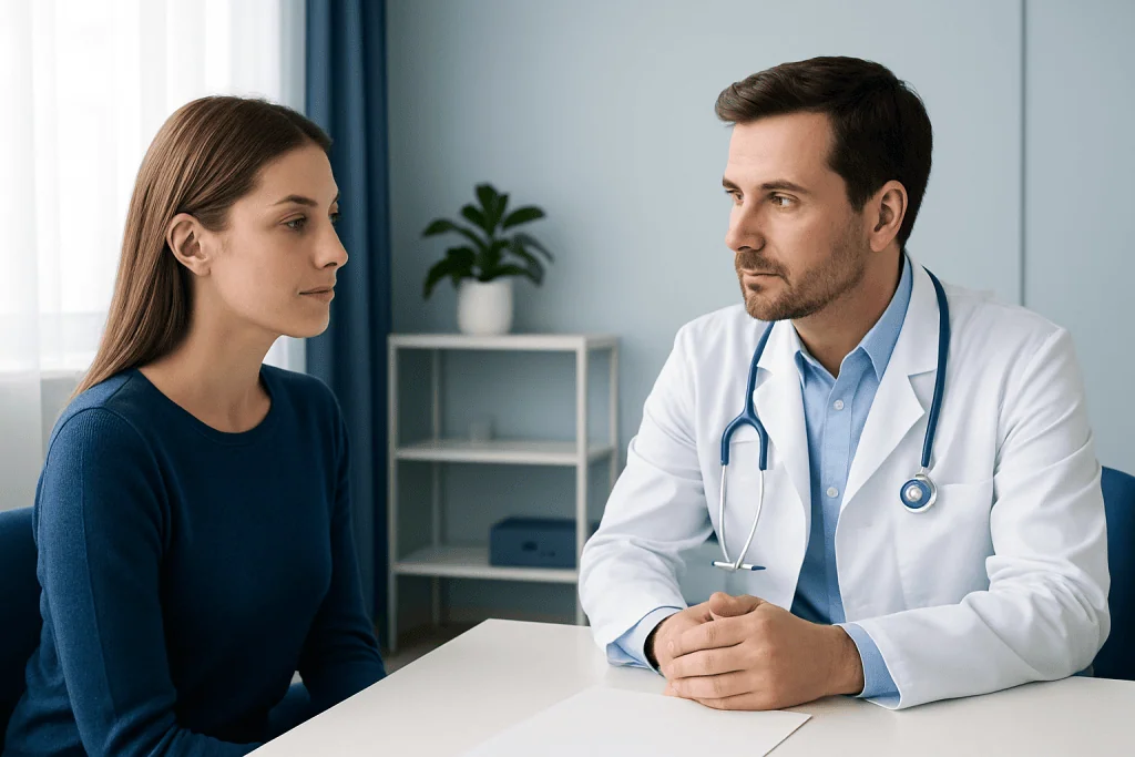 Doctor consulting with a female patient in a medical office setting.