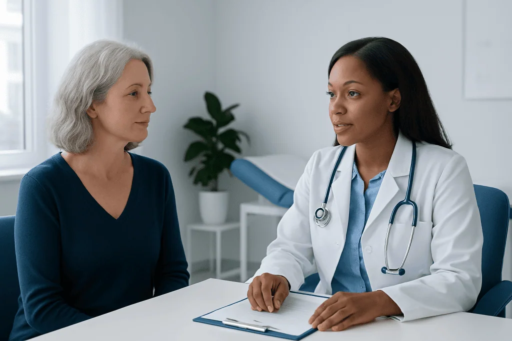 Doctor consulting with an elderly female patient in a medical office.