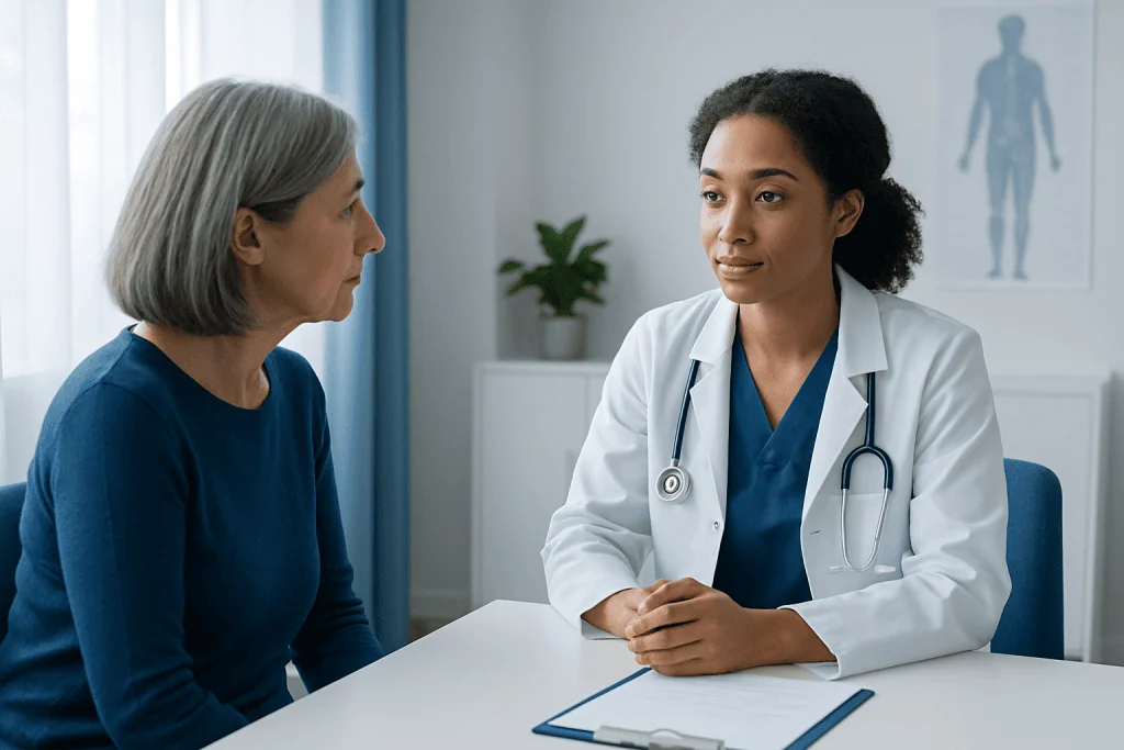 Doctor consulting with an elderly female patient in a medical office.