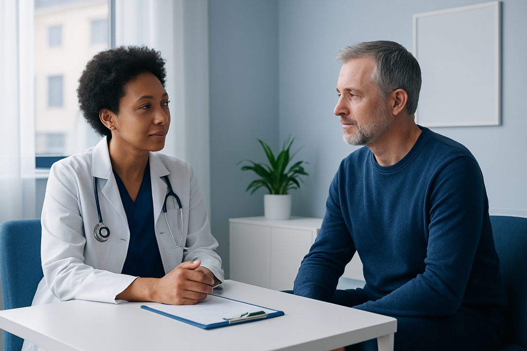 Doctor consulting with a male patient in a modern medical office.