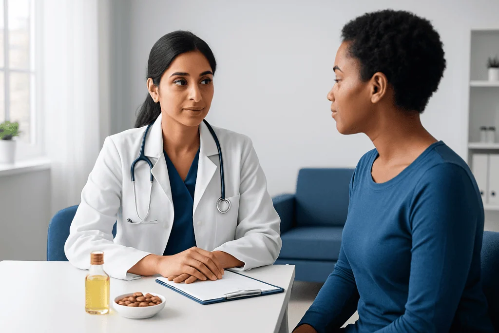 Doctor consulting patient in a medical office setting.