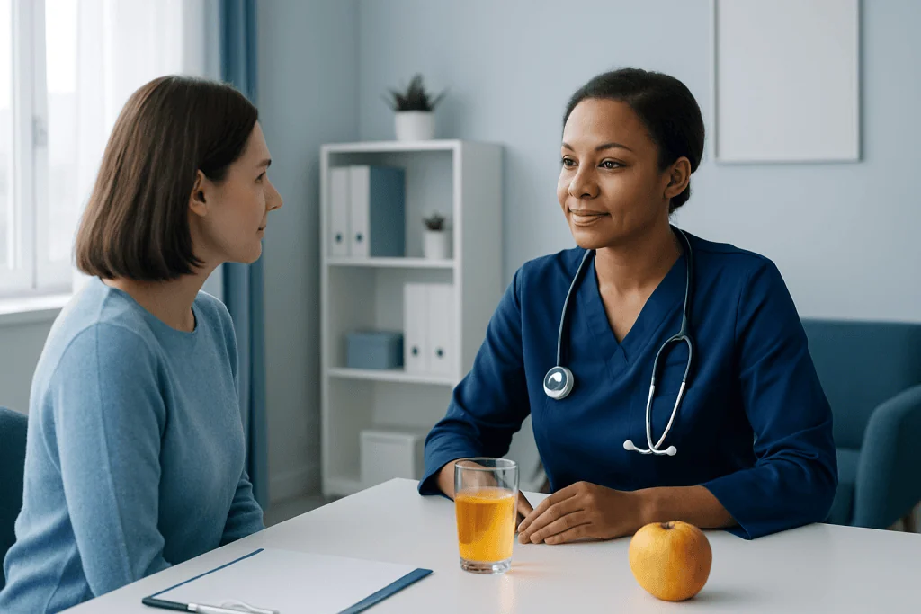 Doctor consulting with patient about health in a medical office setting.