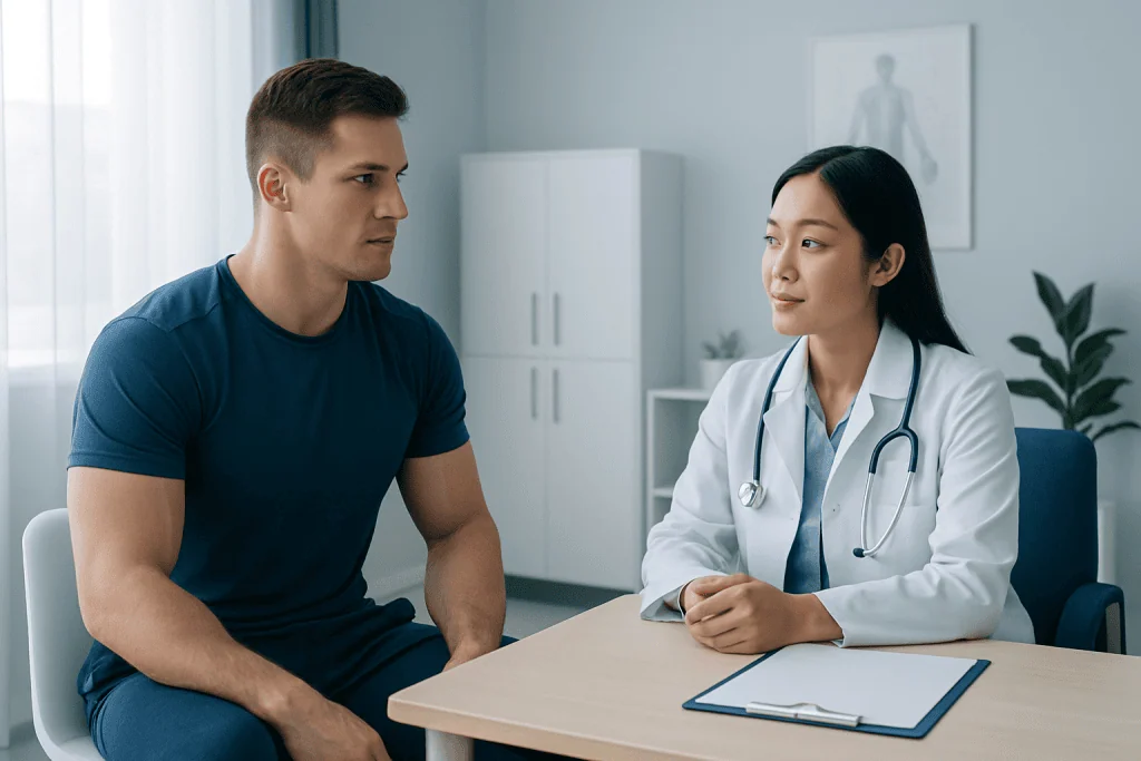 Doctor consulting with patient in a medical office setting.