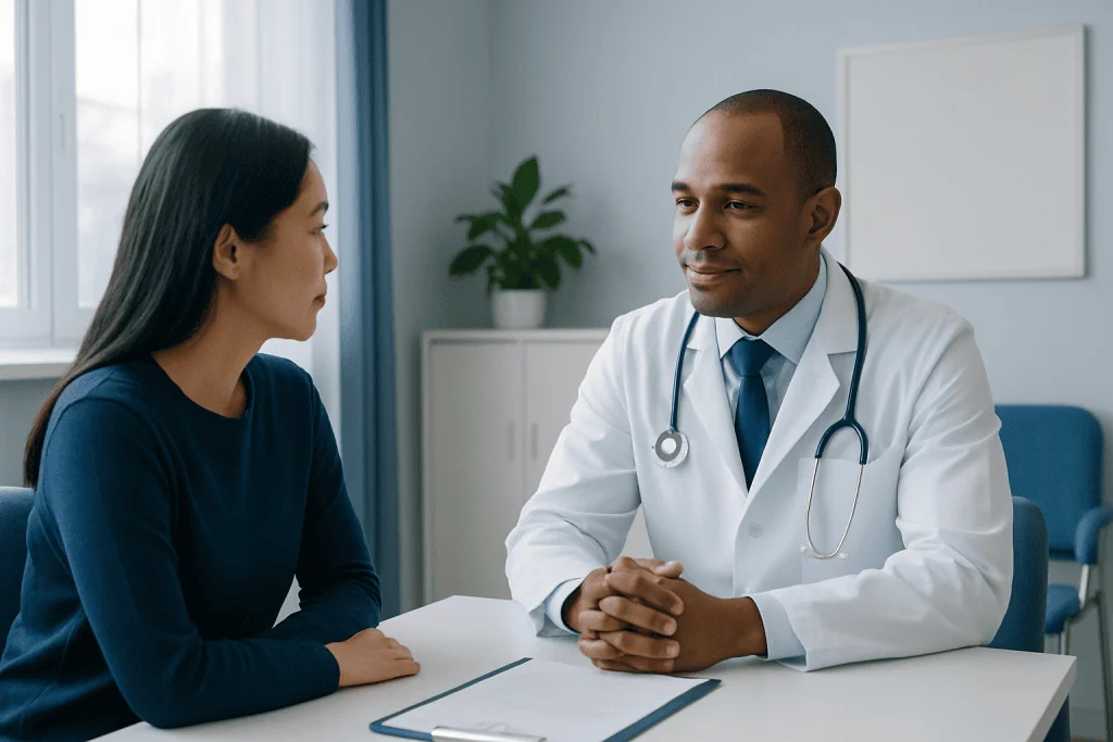 Doctor consulting with a female patient in a modern clinic setting.