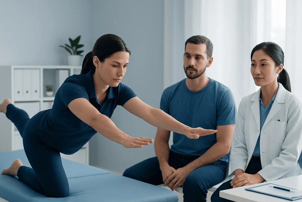 Physical therapy session with a therapist and patient in a clinical setting.