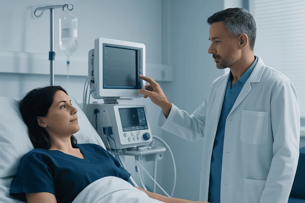 Doctor consulting patient in hospital room with medical equipment.