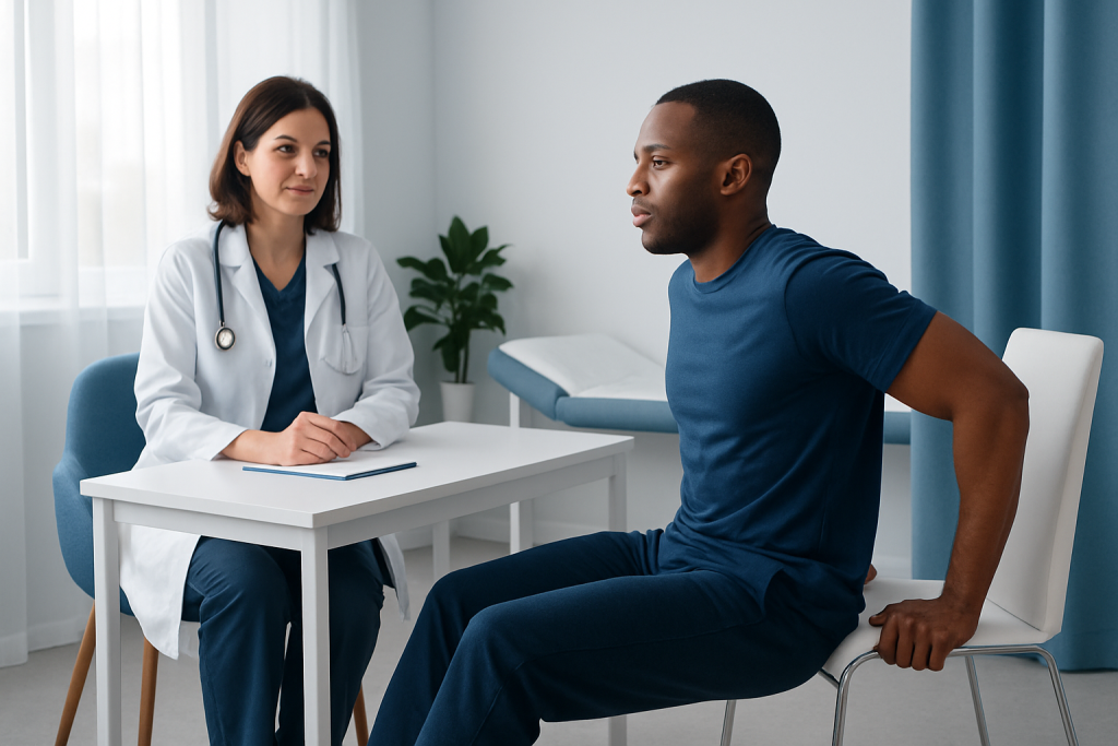 Doctor consulting with patient in a medical office setting.