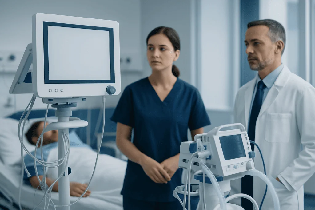 Medical professionals in a hospital room with monitoring equipment.