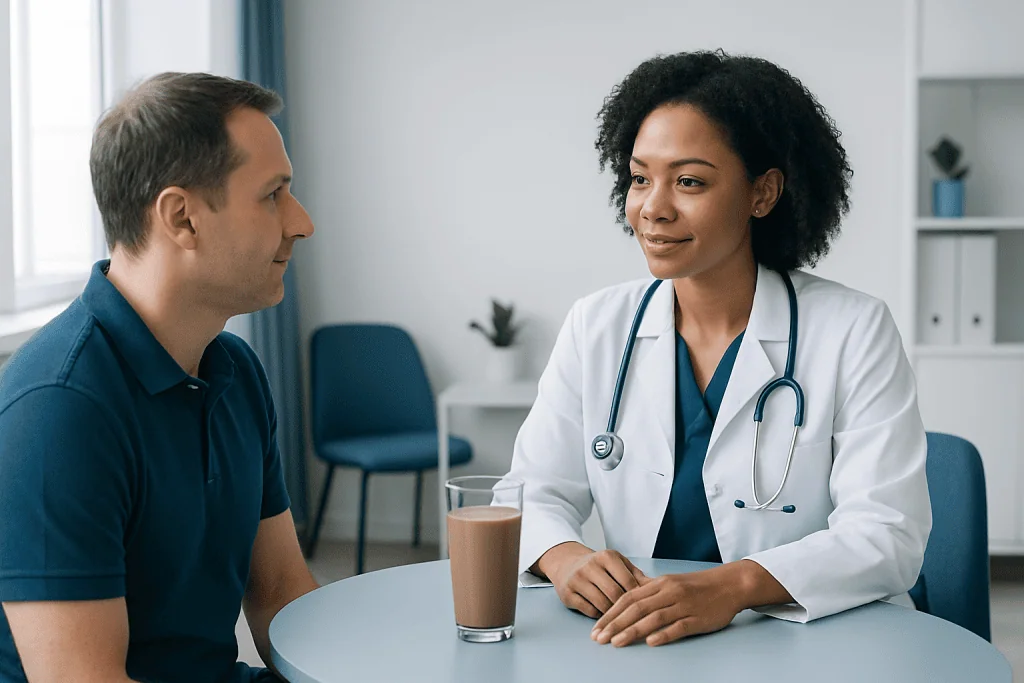 Doctor consulting with patient in a medical office setting.