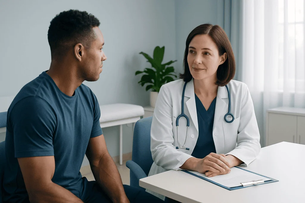 Doctor consulting with a patient in a medical office setting.