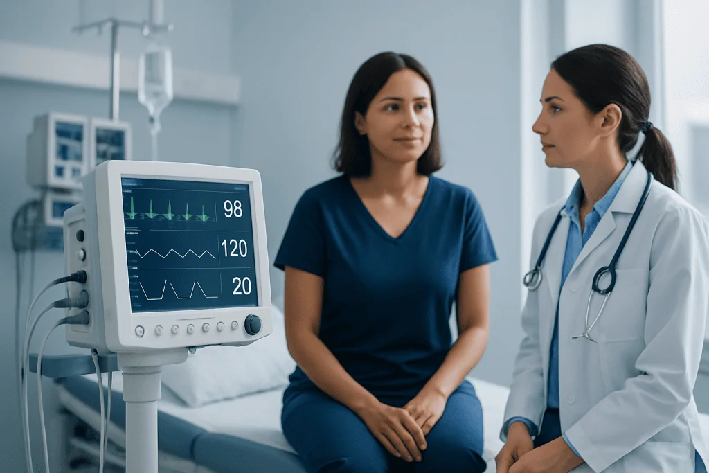 Medical consultation with a patient and doctor in hospital room.