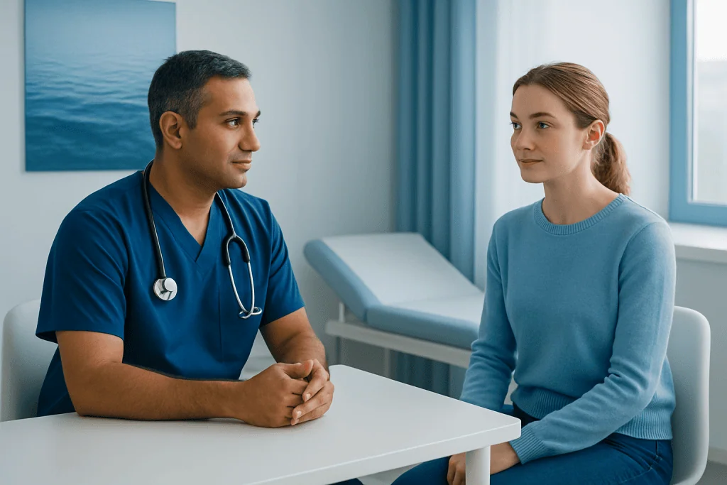 Doctor consulting with a female patient in a medical office.