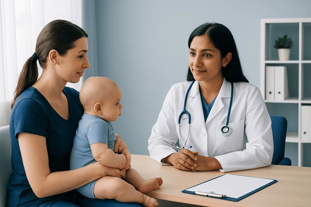 Pediatric consultation with a doctor and mother with baby in a clinic setting.