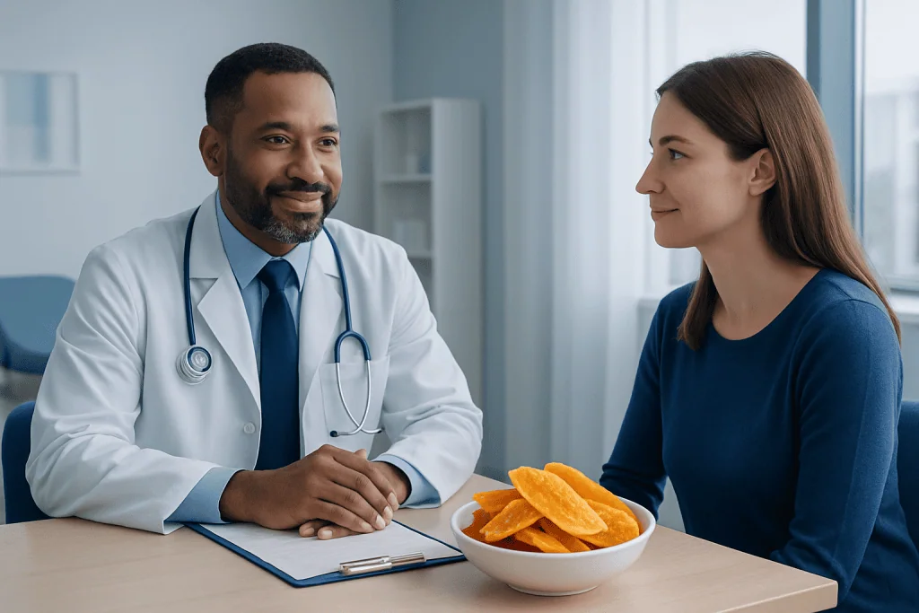Doctor consulting with a patient about dried mango health benefits.