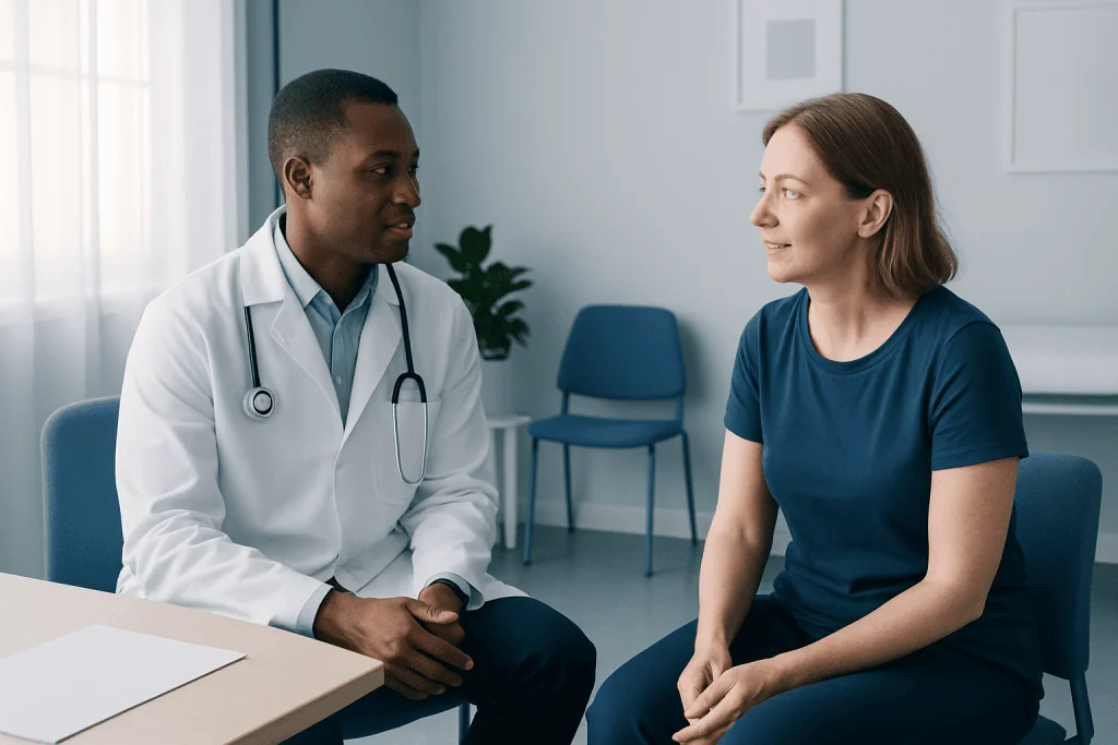 Doctor consulting with a female patient in a medical office.