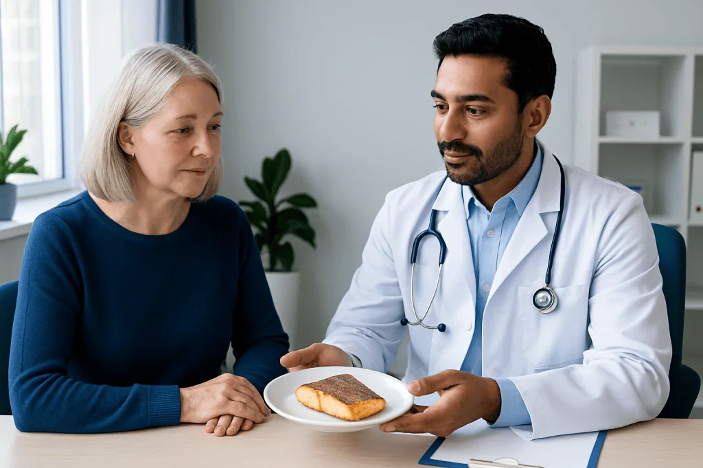 Doctor discussing healthy eating with an elderly woman in a clinic.