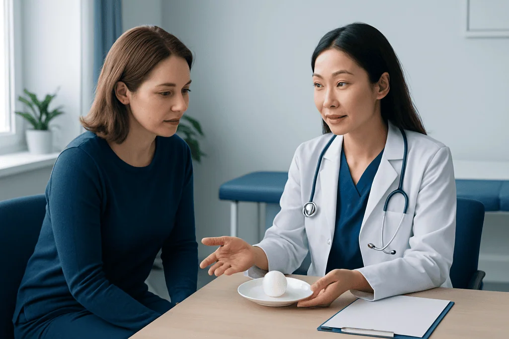 Doctor explaining egg benefits to patient in a consultation room.