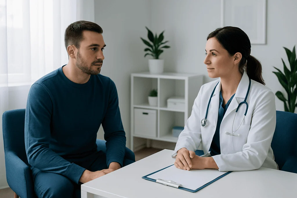 Doctor consulting with a male patient in a modern clinic setting.