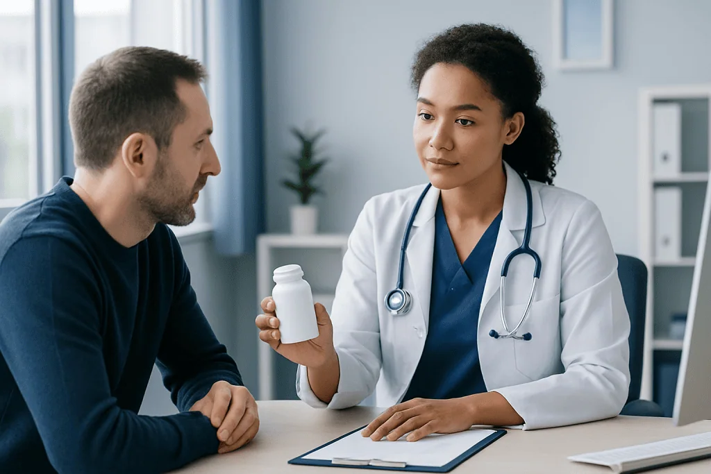 Doctor explaining fiber supplement benefits to patient in clinic setting.