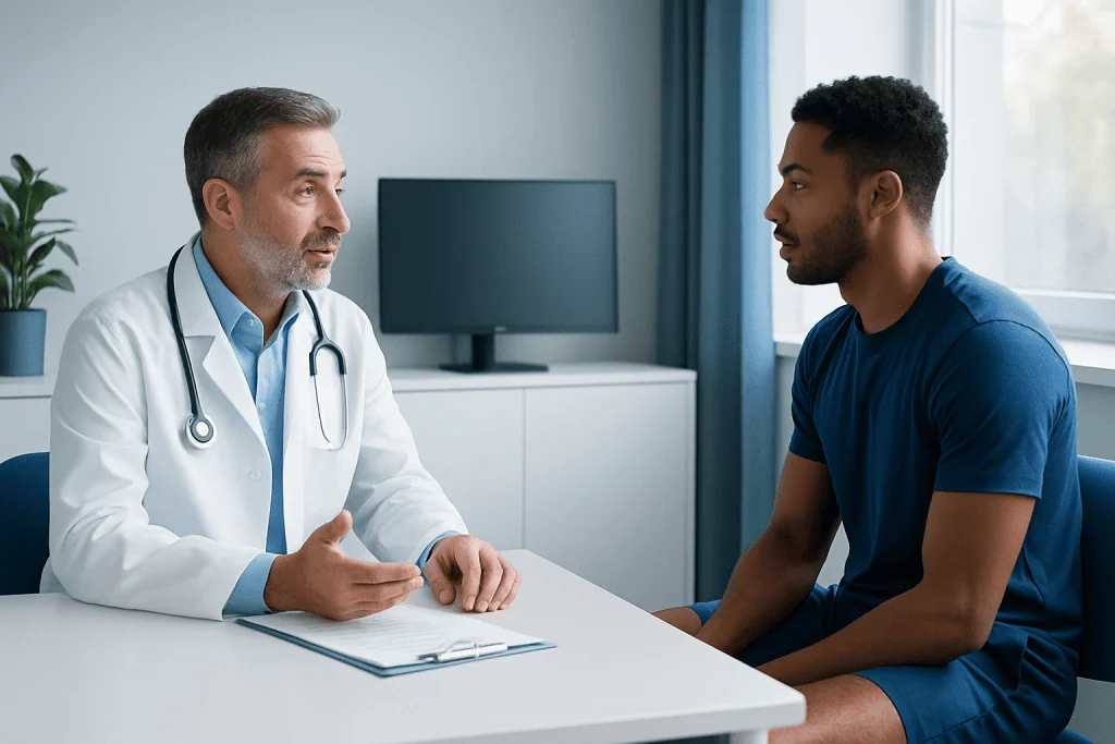 Doctor consulting with a young male patient in a medical office.