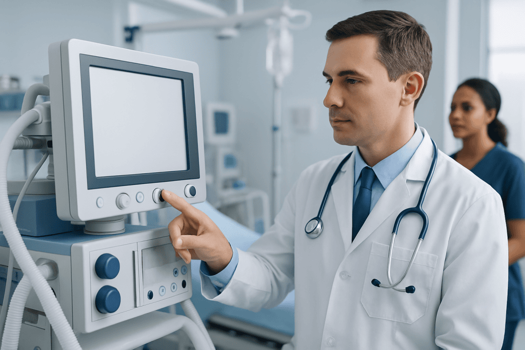 Doctor operating medical equipment in a hospital setting.