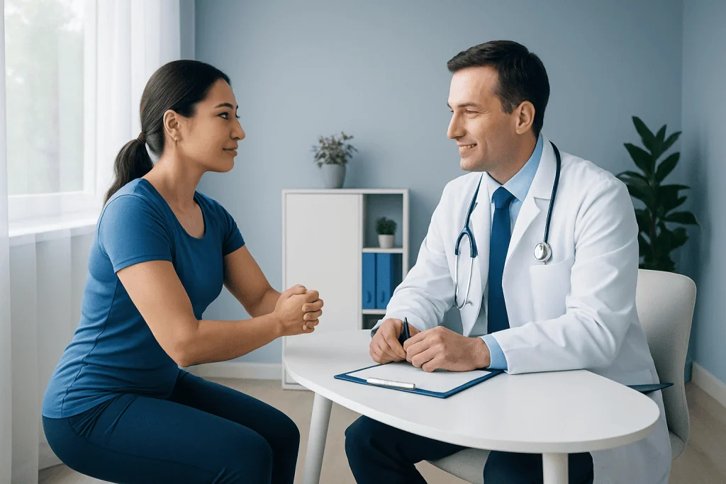Doctor consulting with a patient in a modern clinic setting.