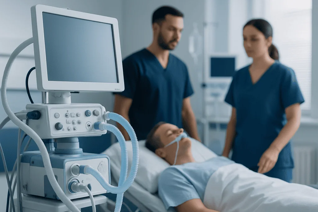 Medical team monitoring a patient on a ventilator in ICU.