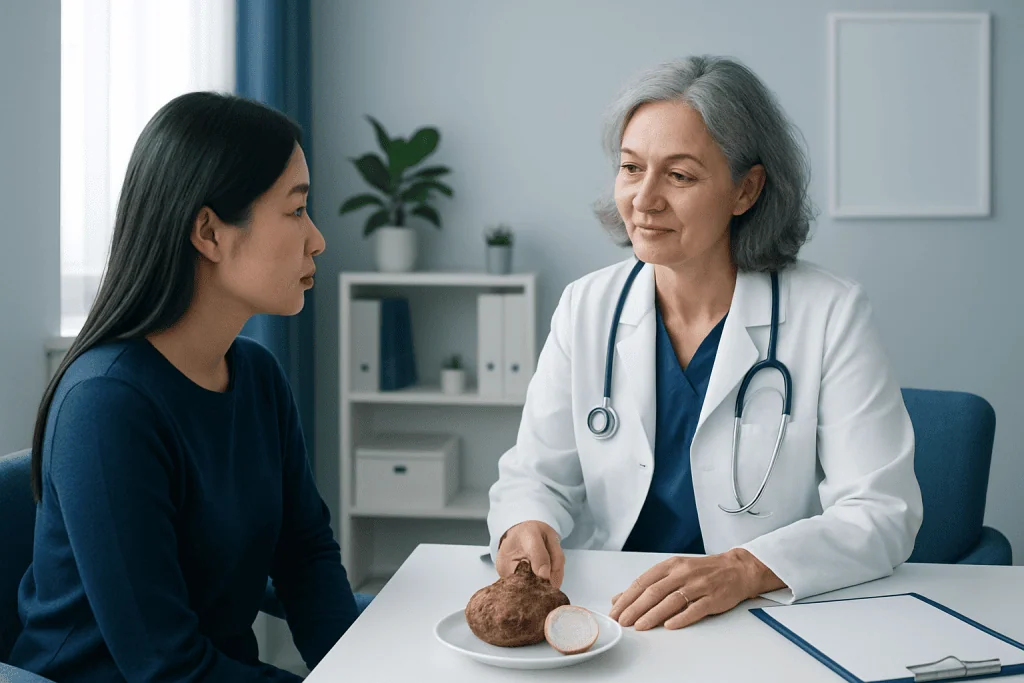 Doctor consulting with patient about health in a medical office setting.