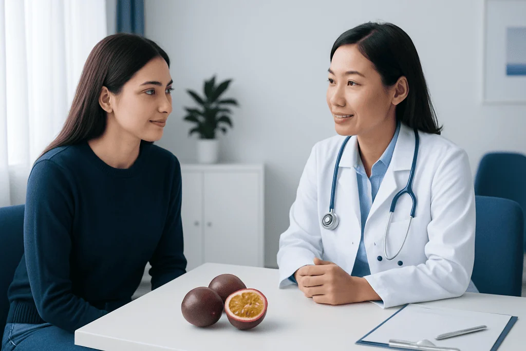 Doctor discussing health with patient in a clinical setting with passion fruit on the table.