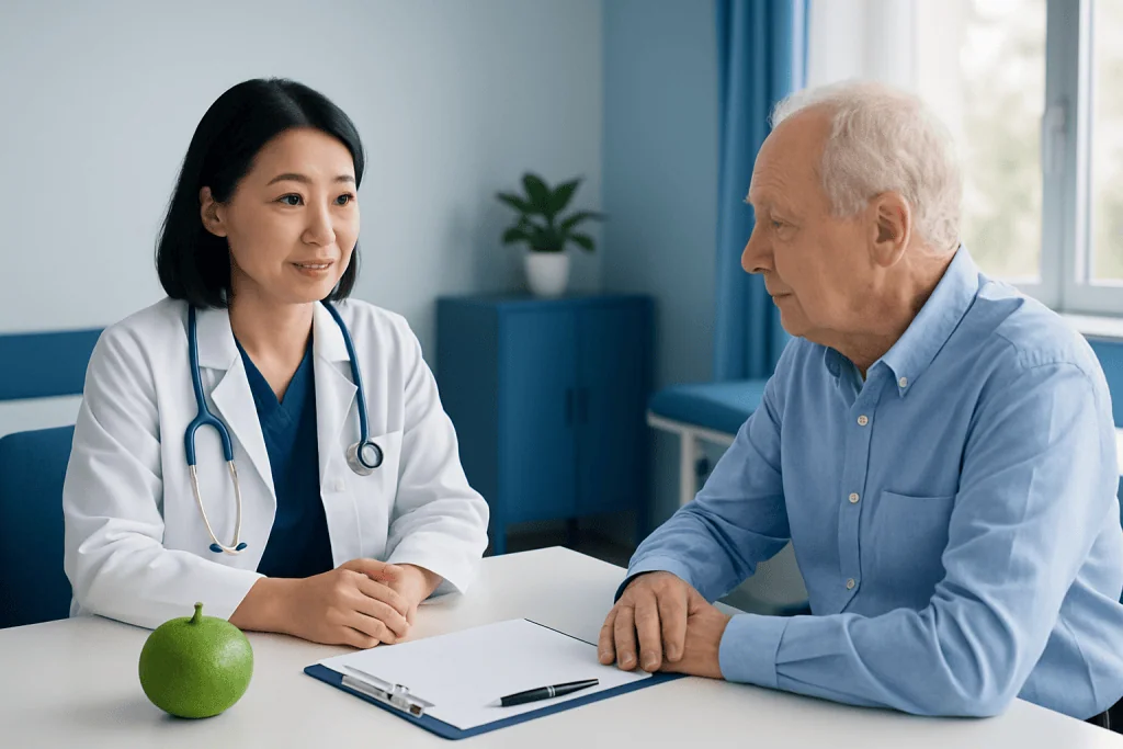 Doctor consulting with elderly patient in a medical office.