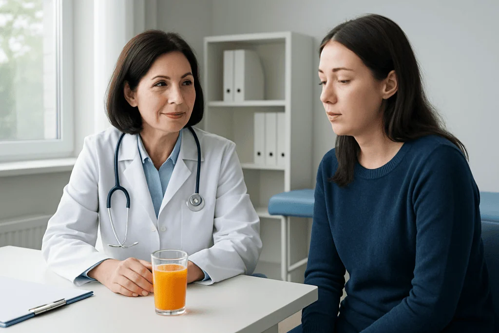 Doctor advising a patient about orange juice and cold remedies in a clinic.