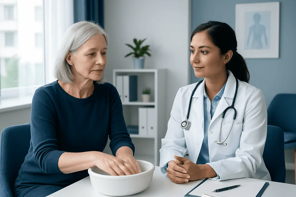 Doctor explaining paraffin wax therapy to an elderly patient in a clinic setting.