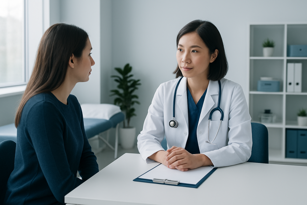 Doctor consulting with patient in a modern medical office.
