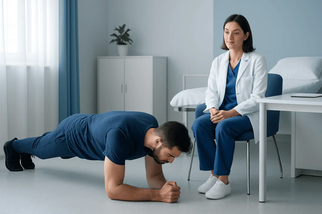 Doctor observing patient doing plank exercise in clinic.
