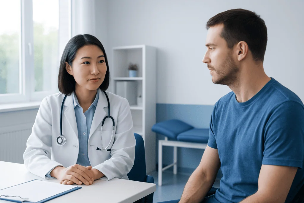Doctor consulting with male patient in a modern clinic setting.